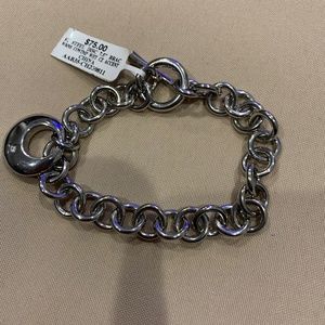 Stainless Steel Link Bracelet w/ Dangling Open Circle w/ White CZ Accent New